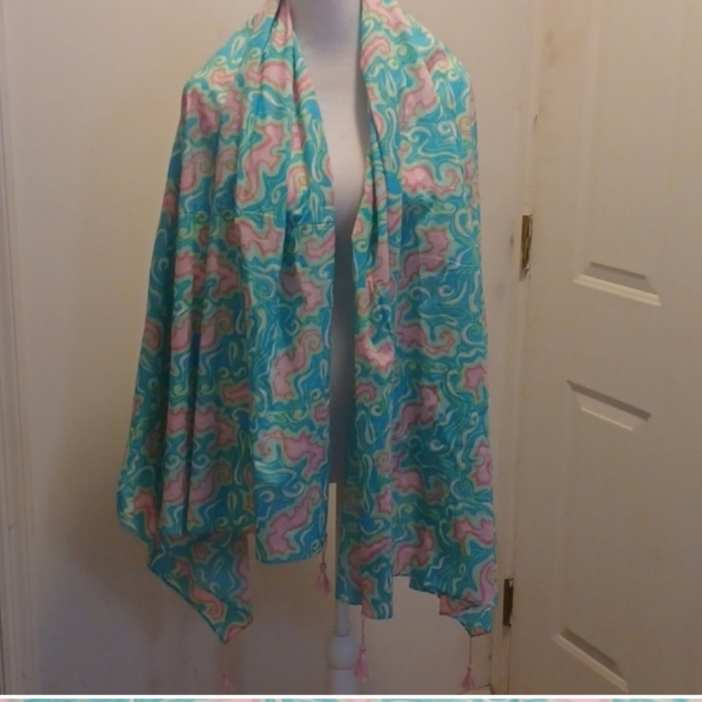 Lilly Pulitzer Aqua, Pink & Yellow Printed Silk Wrap Scarf